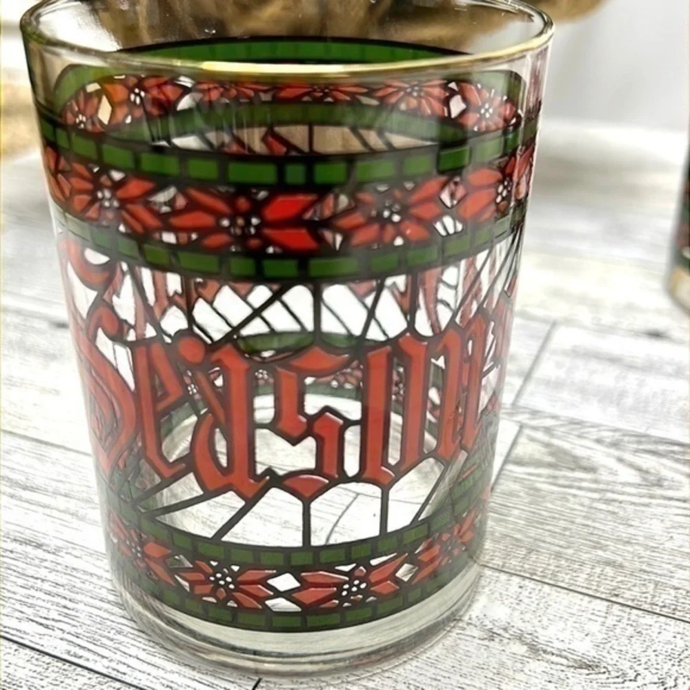 Vintage 1970s Set of Four Houze Signed Seasons Greetings Lowball Glasses